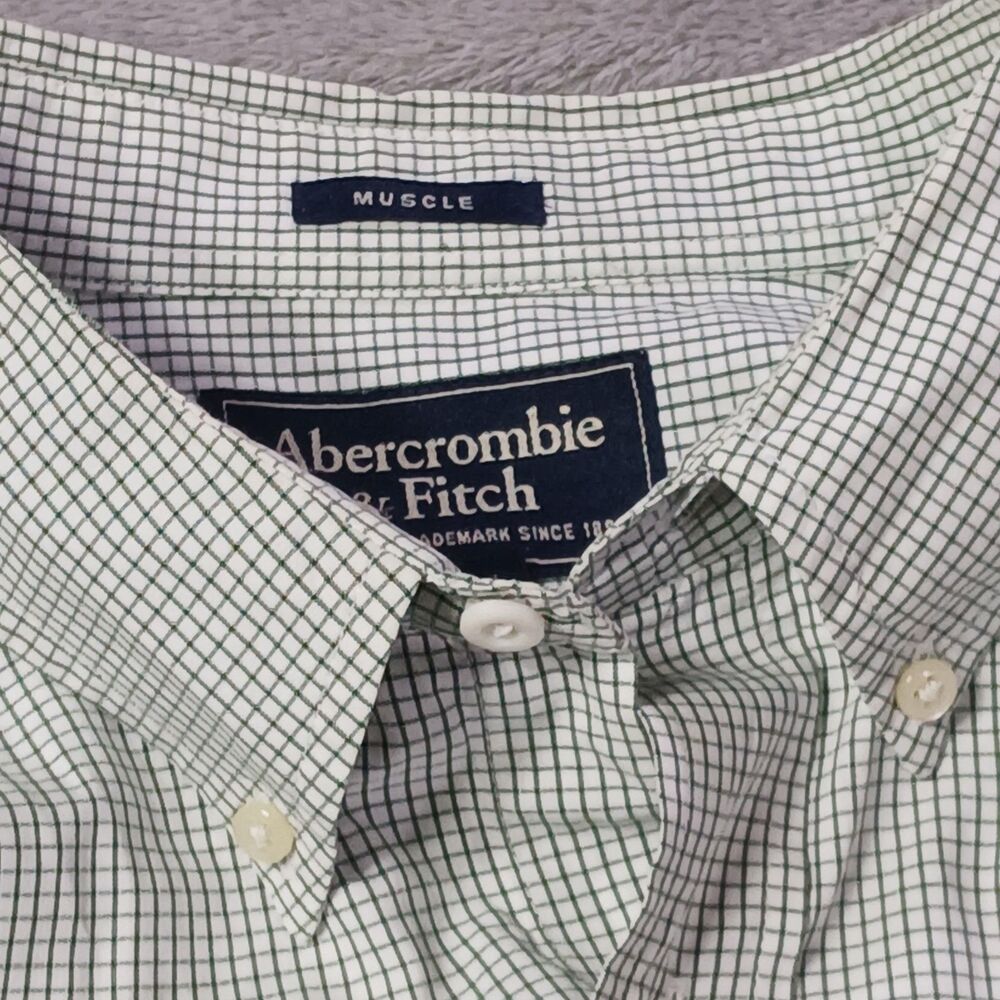Vtg Abercrombie Fitch Mens L Large White Green Plaid Muscle Fit Shirt Y2K Prep